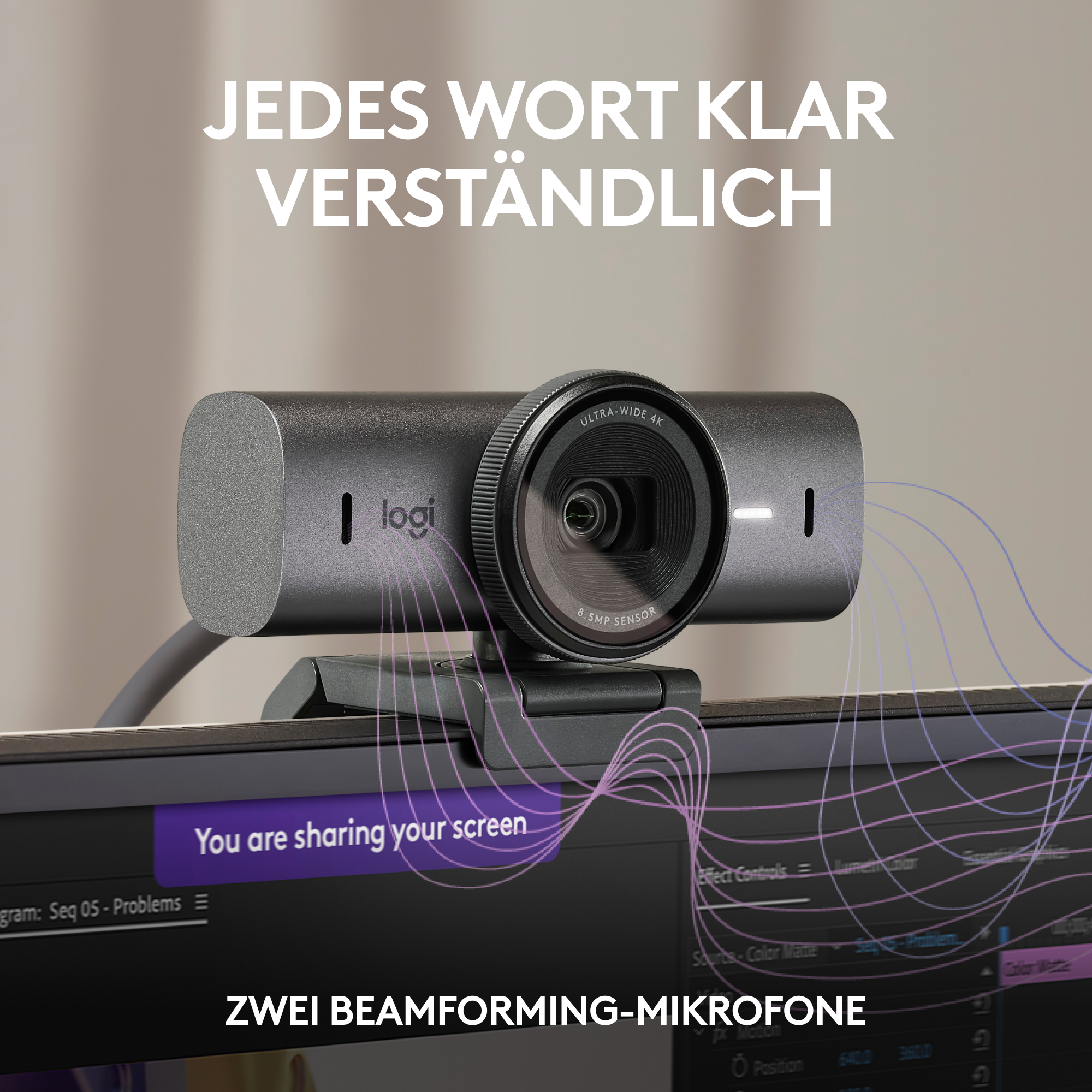 Webcam auf einem Monitor montiert, mit Text in Deutsch und Englisch, der die Produktmerkmale zeigt.