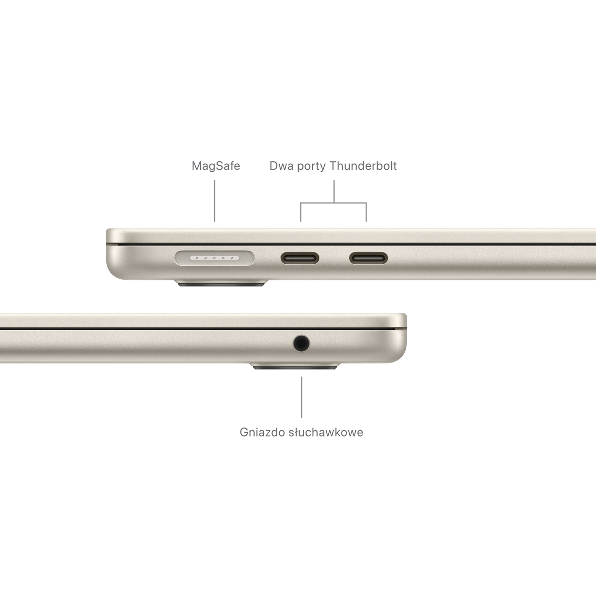 Zbliżenie laptopa pokazujące MagSafe, dwa porty Thunderbolt i gniazdo słuchawkowe.