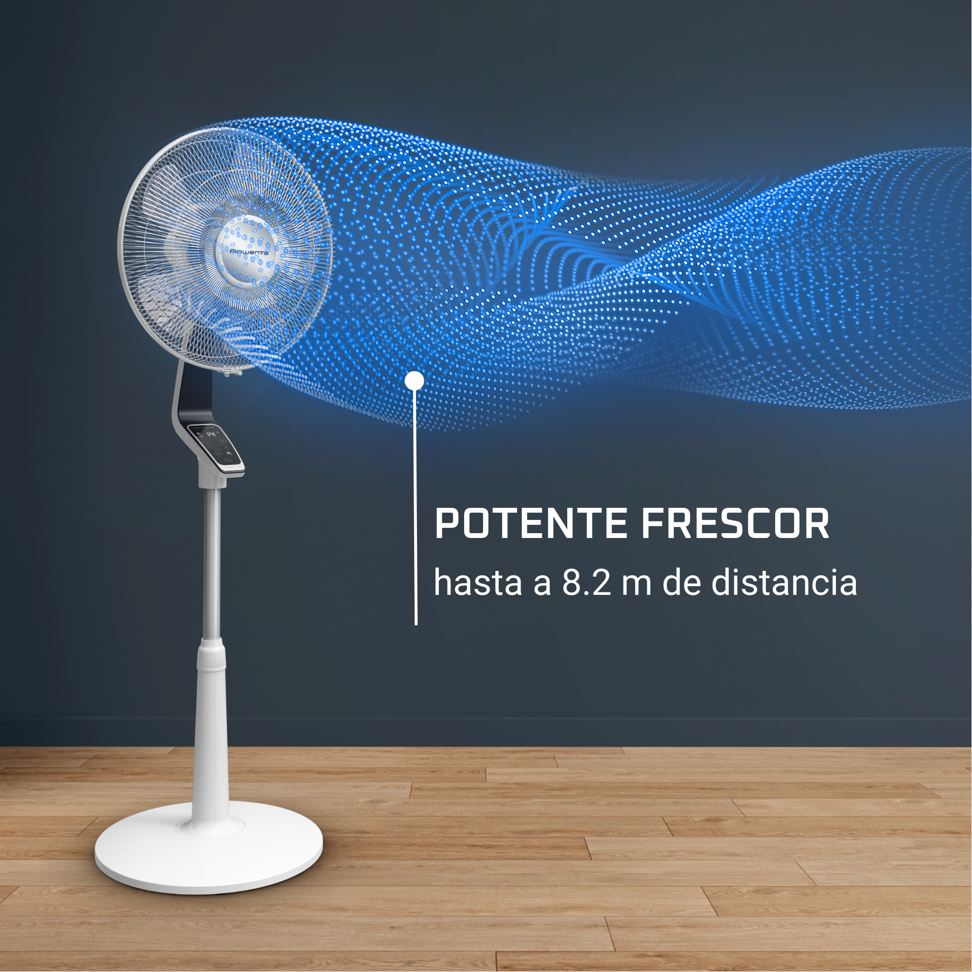 Ventilador blanco con puntos azules que muestran el flujo de aire, con texto 'POTENTE FRESOR' hasta 8.2 m.