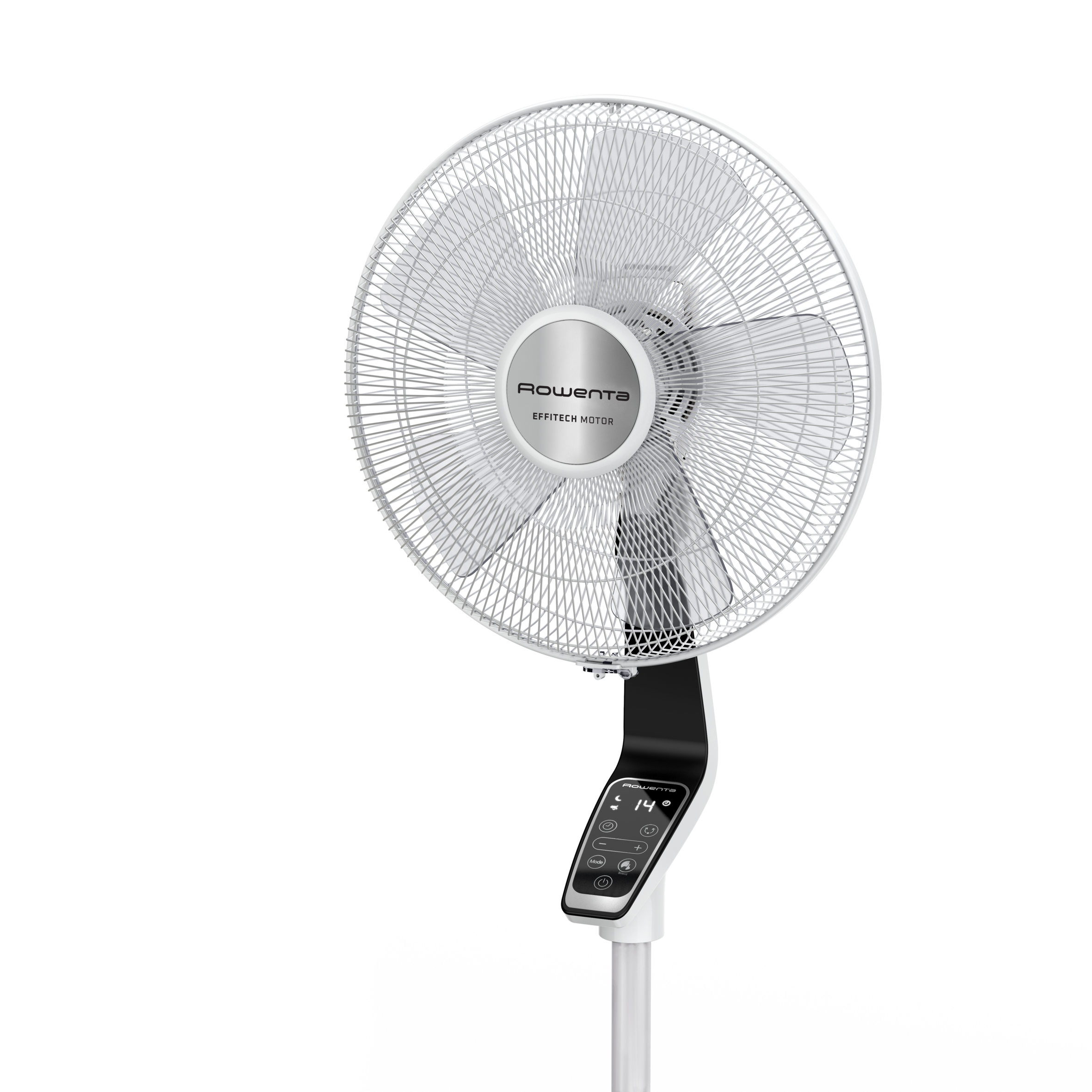 Ventilador de pie blanco con panel de control y base negra.