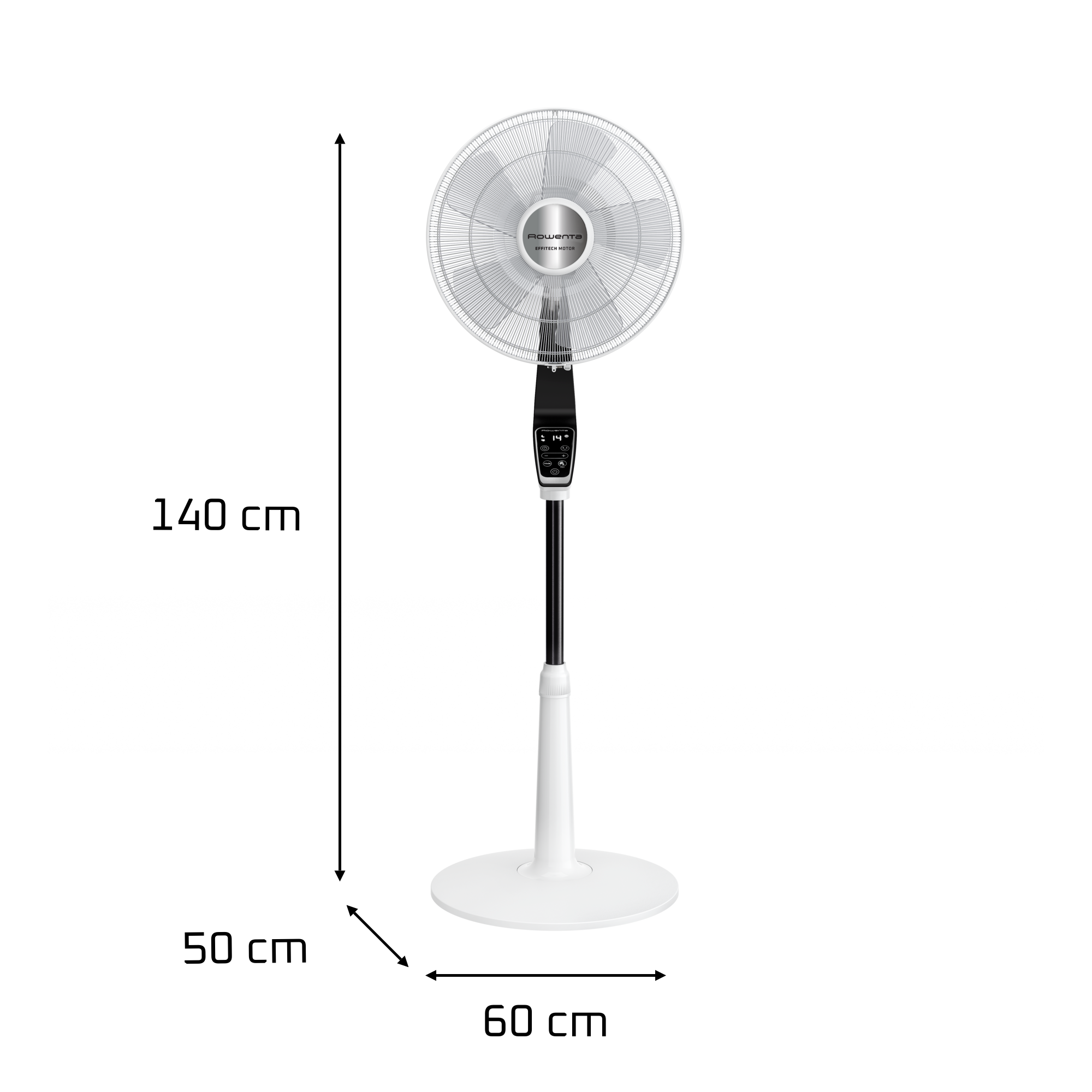 Ventilador de pie blanco con dimensiones: 140 cm alto, 50 cm ancho, 60 cm fondo.