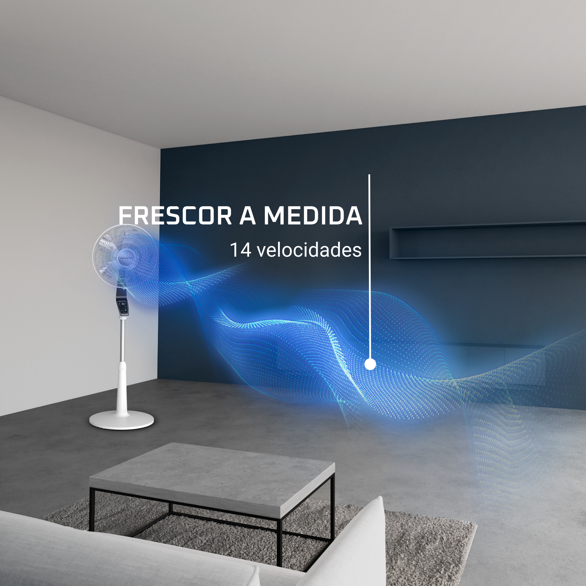 Ventilador blanco con líneas de flujo de aire azul en una habitación.