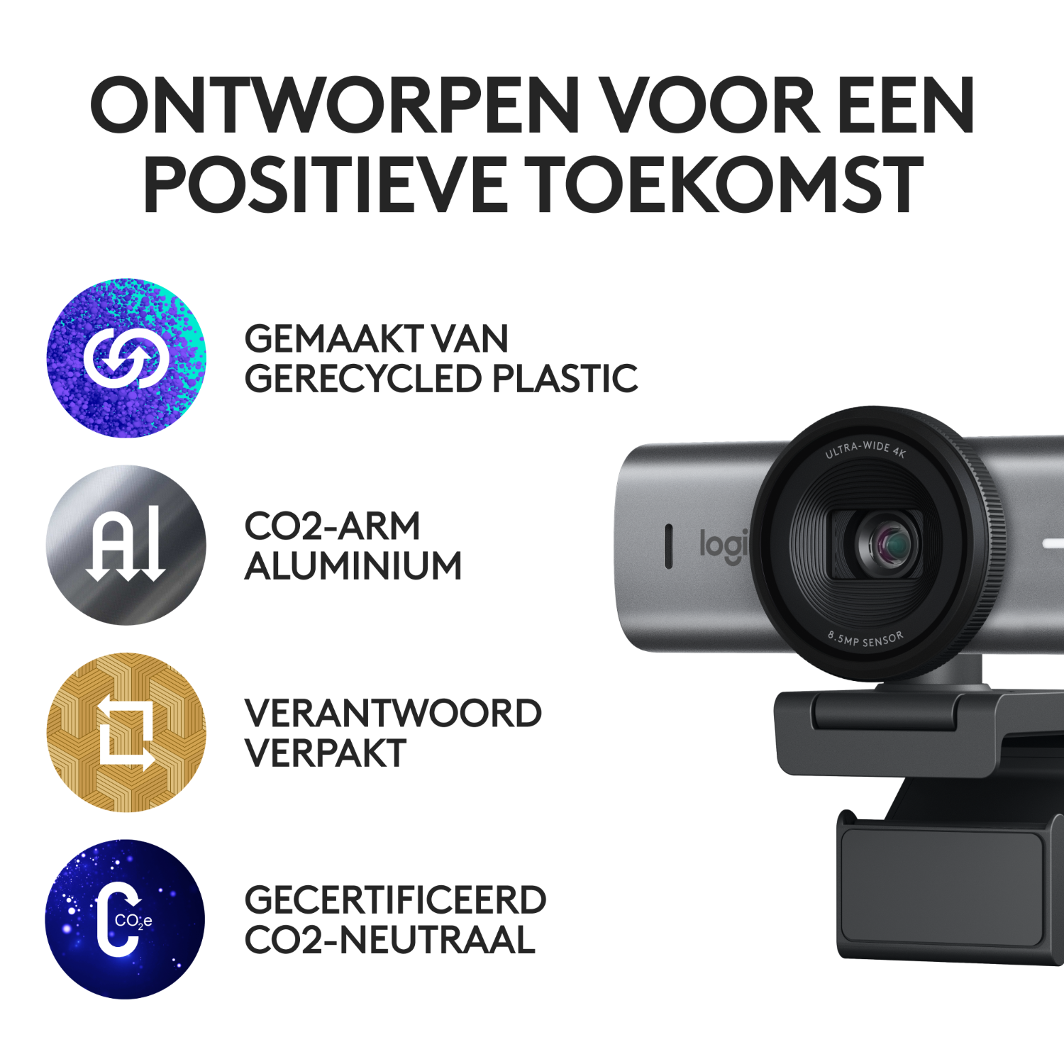 Een webcam met tekst die aangeeft dat deze is gemaakt van gerecycled plastic en aluminium.