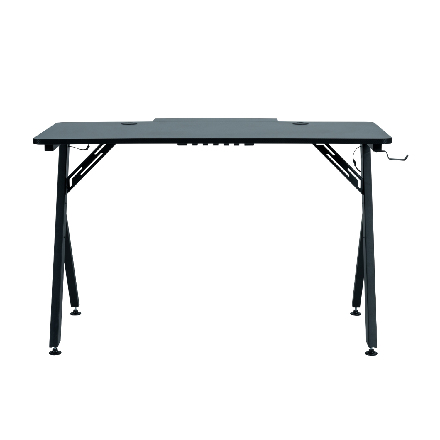 Scrivania da gaming nera con piano rettangolare e base a forma di X in metallo. Sfondo bianco.