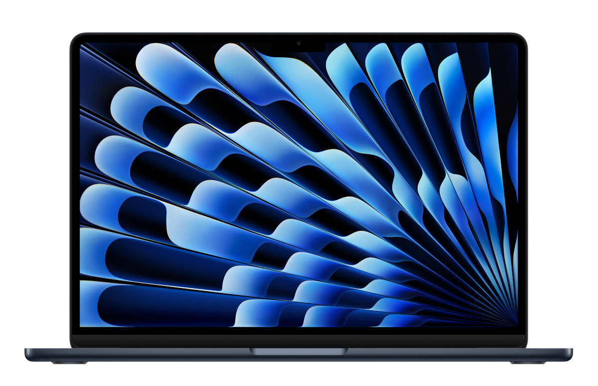 Laptop z ciemnoniebieskim, warstwowym, abstrakcyjnym wzorem na ekranie, na białym tle.