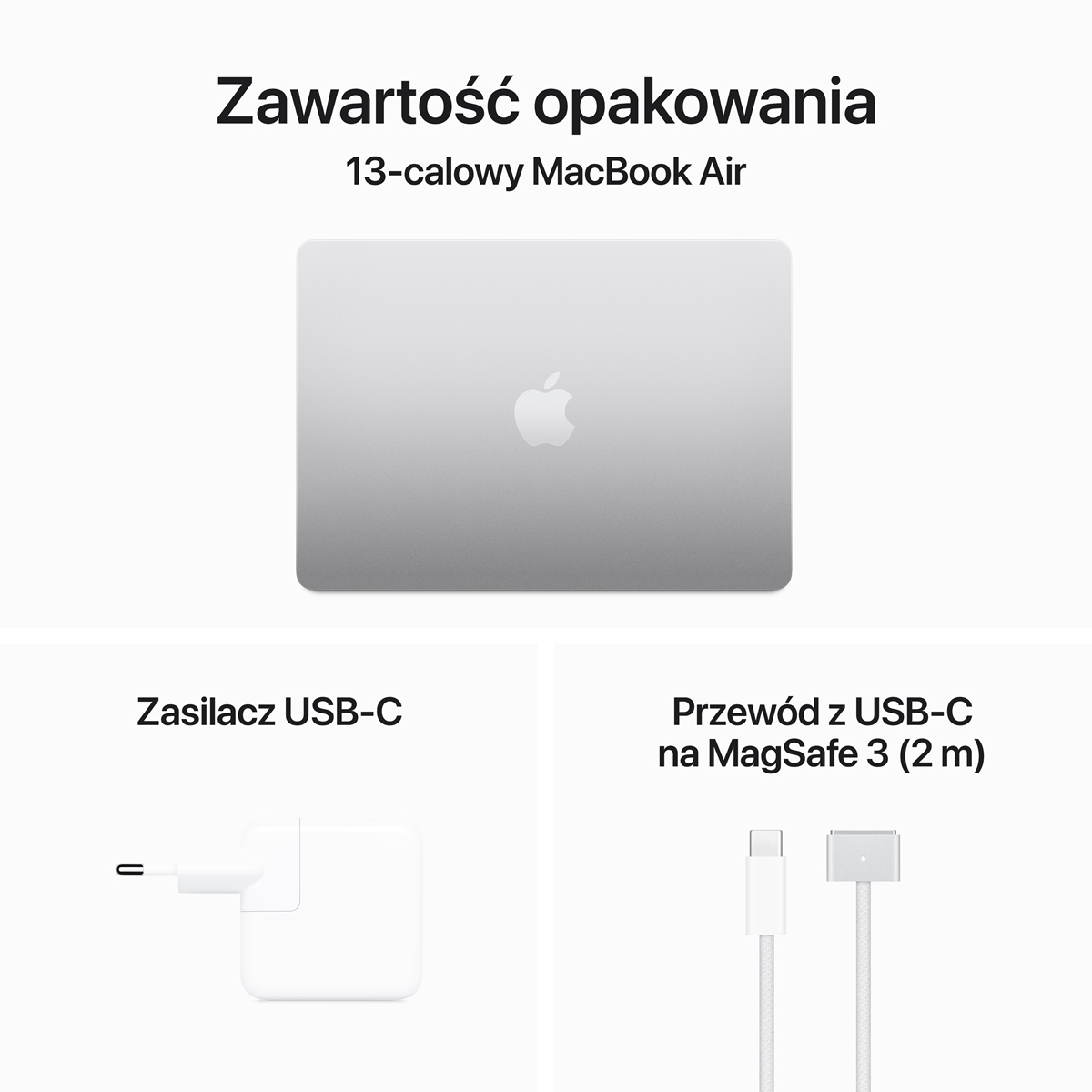 Białe tło z MacBookiem Air, zasilaczem i kablem USB-C.