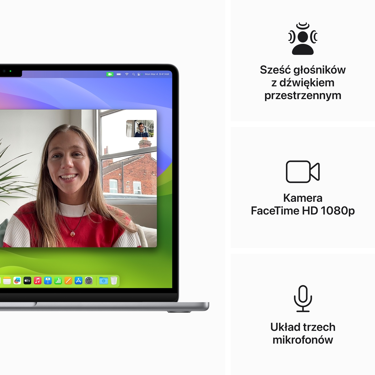 Laptop wyświetla rozmowę wideo z uśmiechniętą kobietą oraz ikony głośników, kamery i mikrofonu.