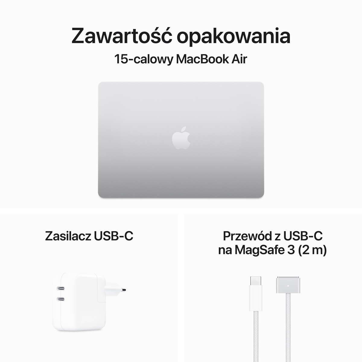 Srebrny MacBook Air 15 cali z zasilaczem USB-C i kablem MagSafe 3.