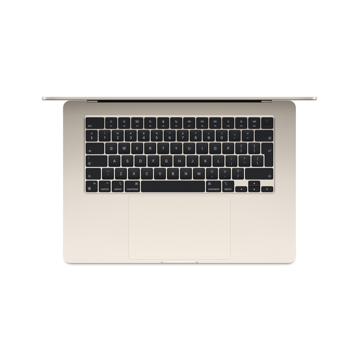Laptop z jasnobeżową klawiaturą, otwarty na białej powierzchni, widok z góry.
