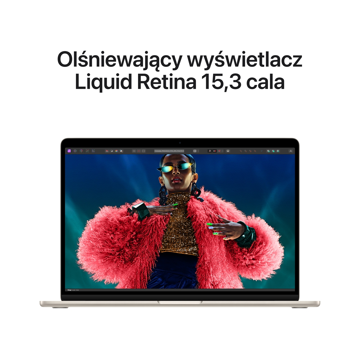 Laptop z wyświetlaczem Liquid Retina 15,3 cala z kobietą w czerwonym futrze.