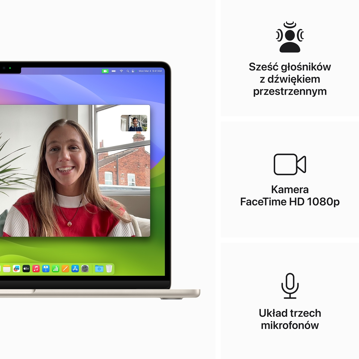 Kobieta podczas rozmowy wideo na laptopie. Po prawej stronie ikony opisujące funkcje.