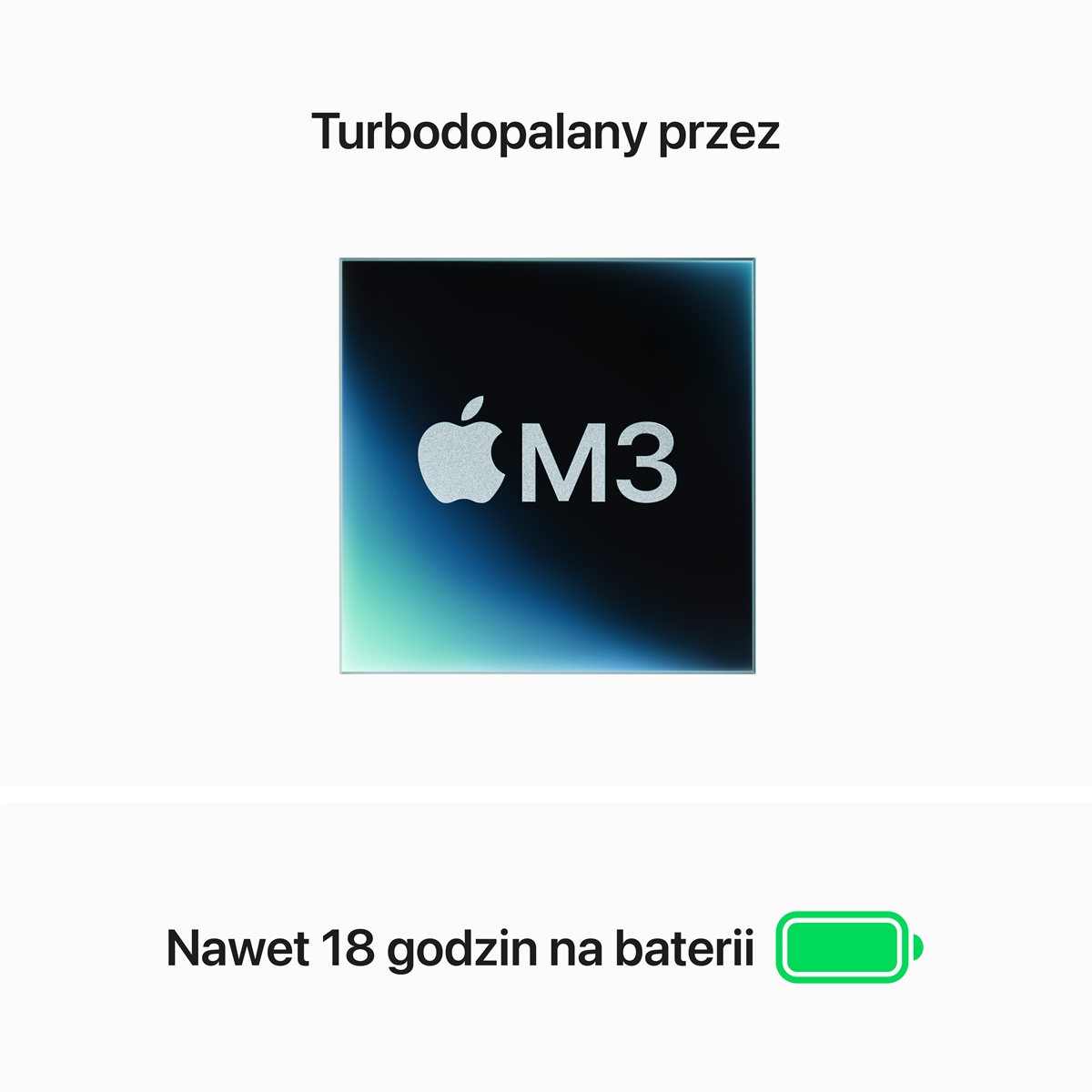 Logo układu Apple M3, tekst: 'Do 18 godzin na baterii'.