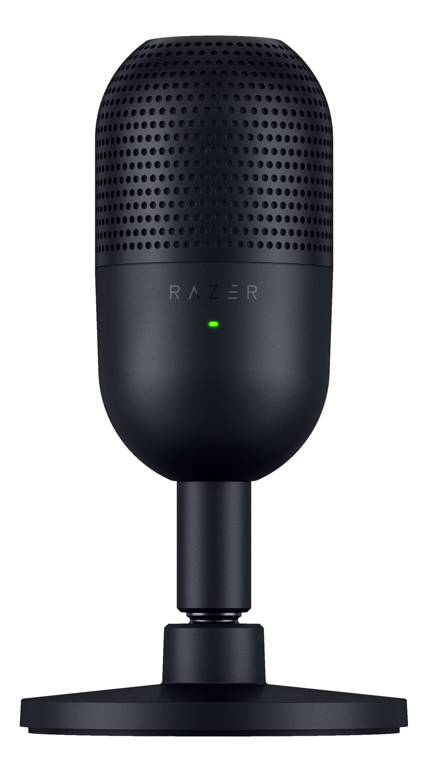 Schwarzes Razer-Mikrofon auf einem Ständer. Grünes Licht auf der Vorderseite. Razer-Logo vorne.