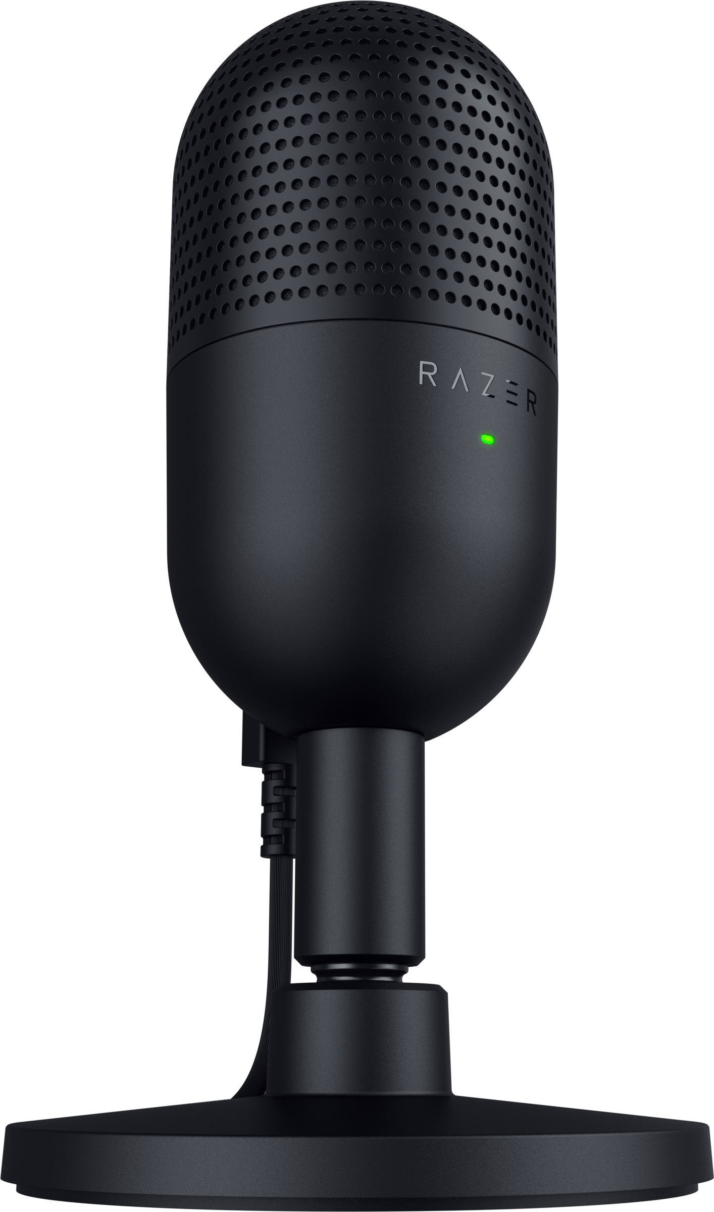 Schwarzes Razer-Mikrofon mit grünem Licht auf einem Ständer. Das Logo 'RAZER' ist sichtbar.