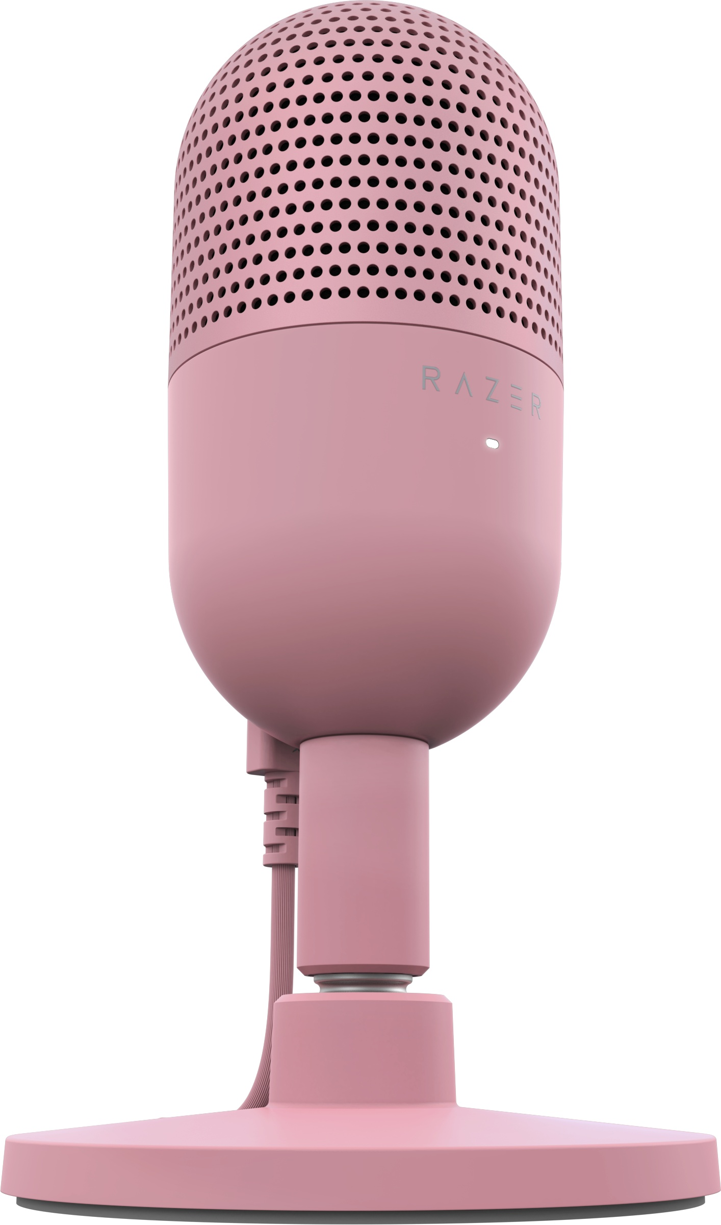 Microfono Razer rosa. Ha un corpo arrotondato e una parte superiore in rete. Il logo Razer è visibile.