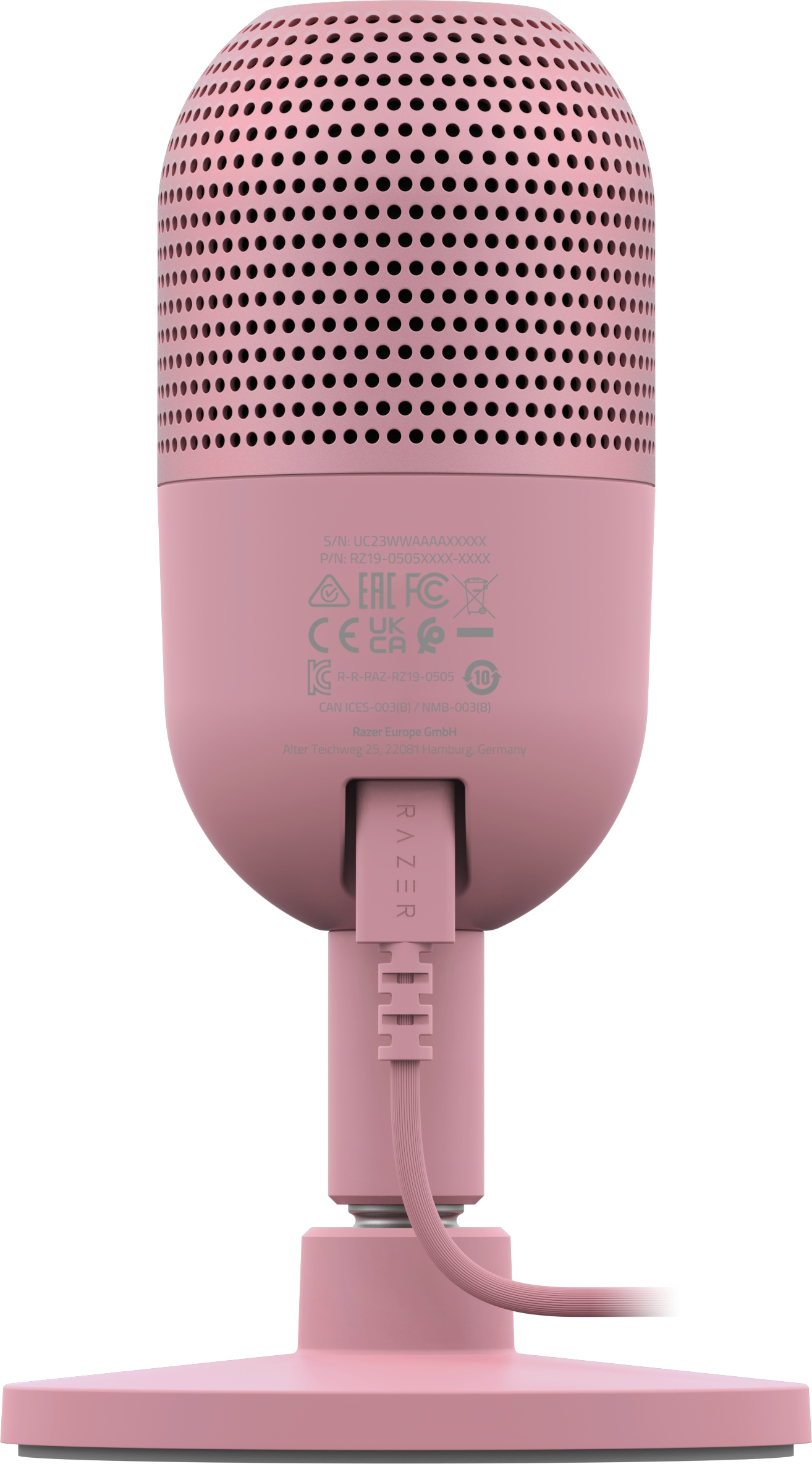 Microfono rosa con logo Razer, supporto e cavo.