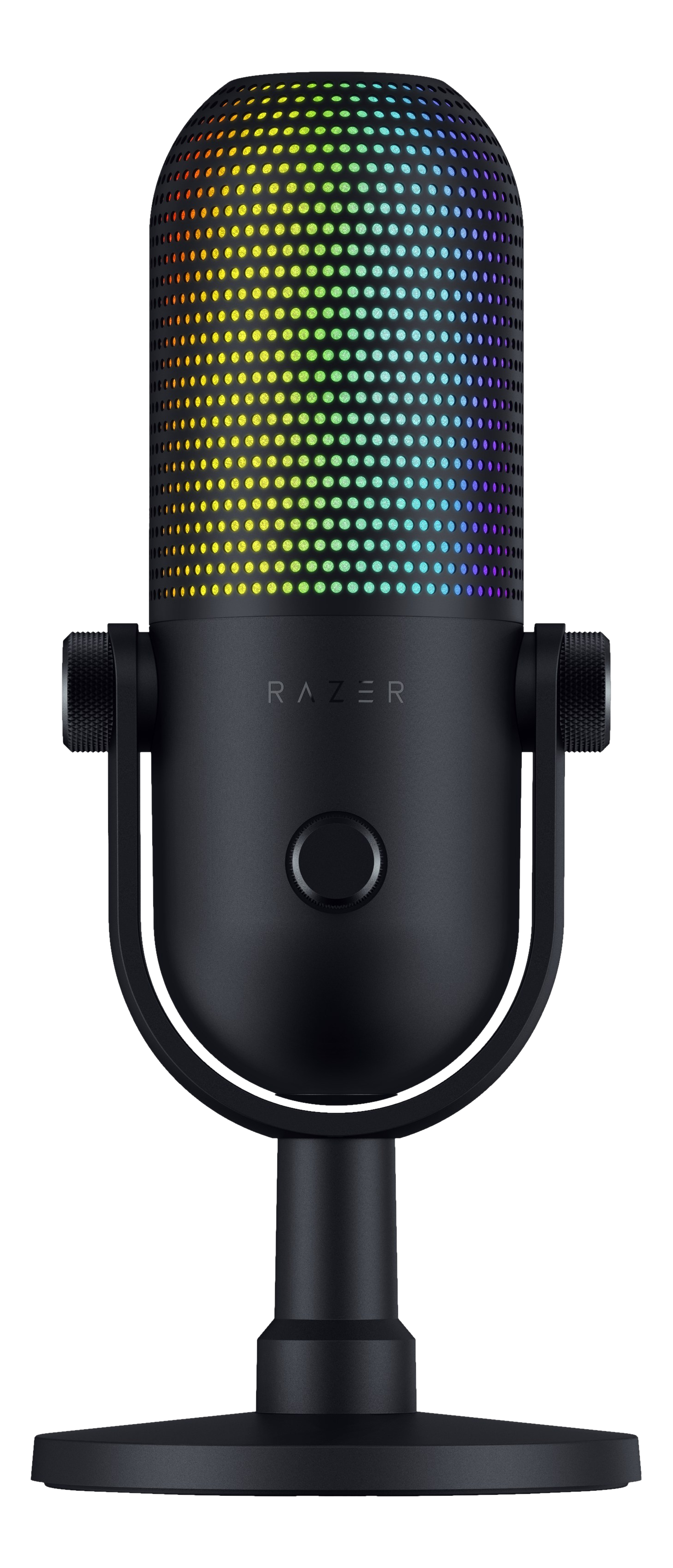 Ein schwarzes Razer-Mikrofon mit buntem Mesh-Kopf und schwarzem Ständer, vor schwarzem Hintergrund.