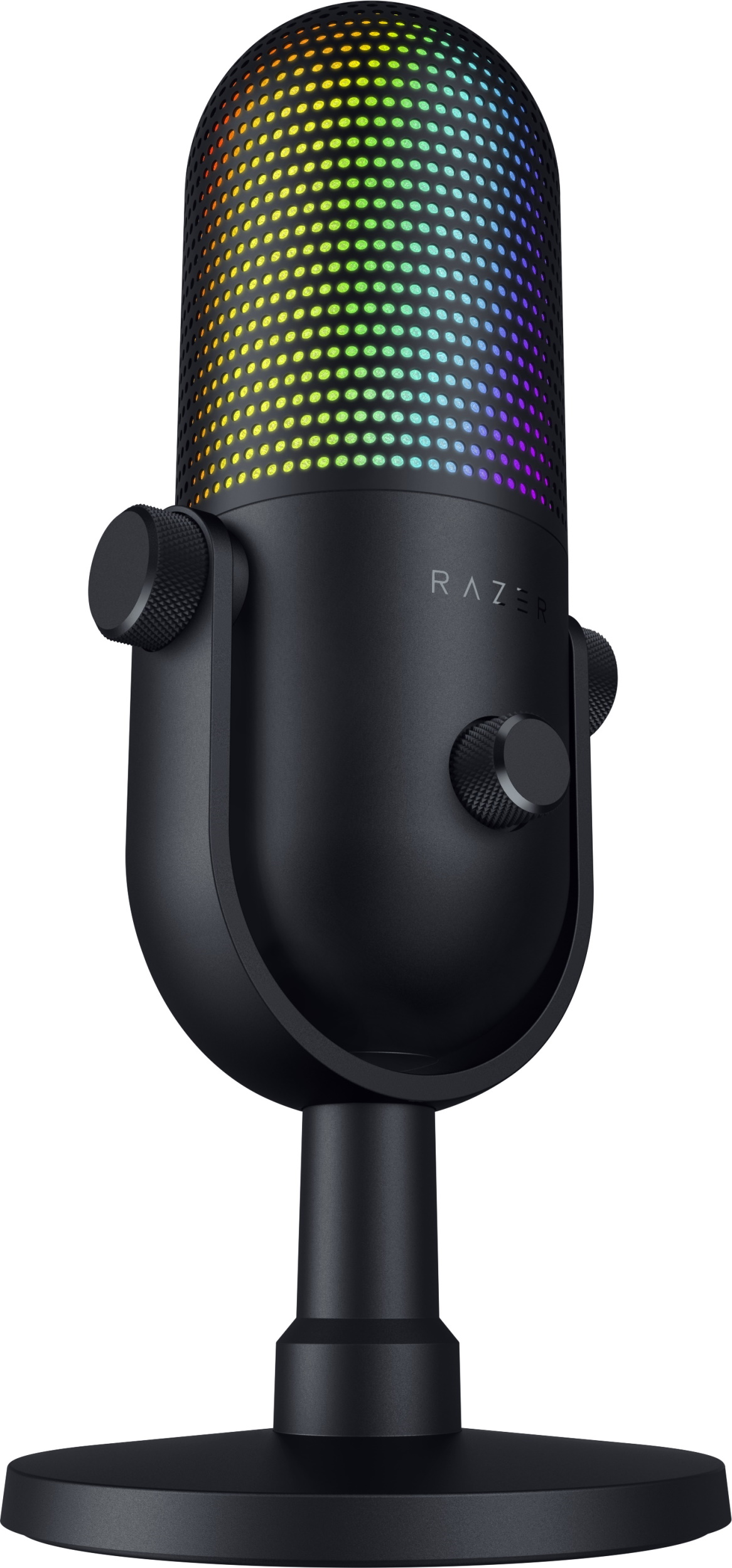 Schwarzes Razer-Mikrofon mit regenbogenfarbenem Mesh-Oberteil auf einem schwarzen Ständer.