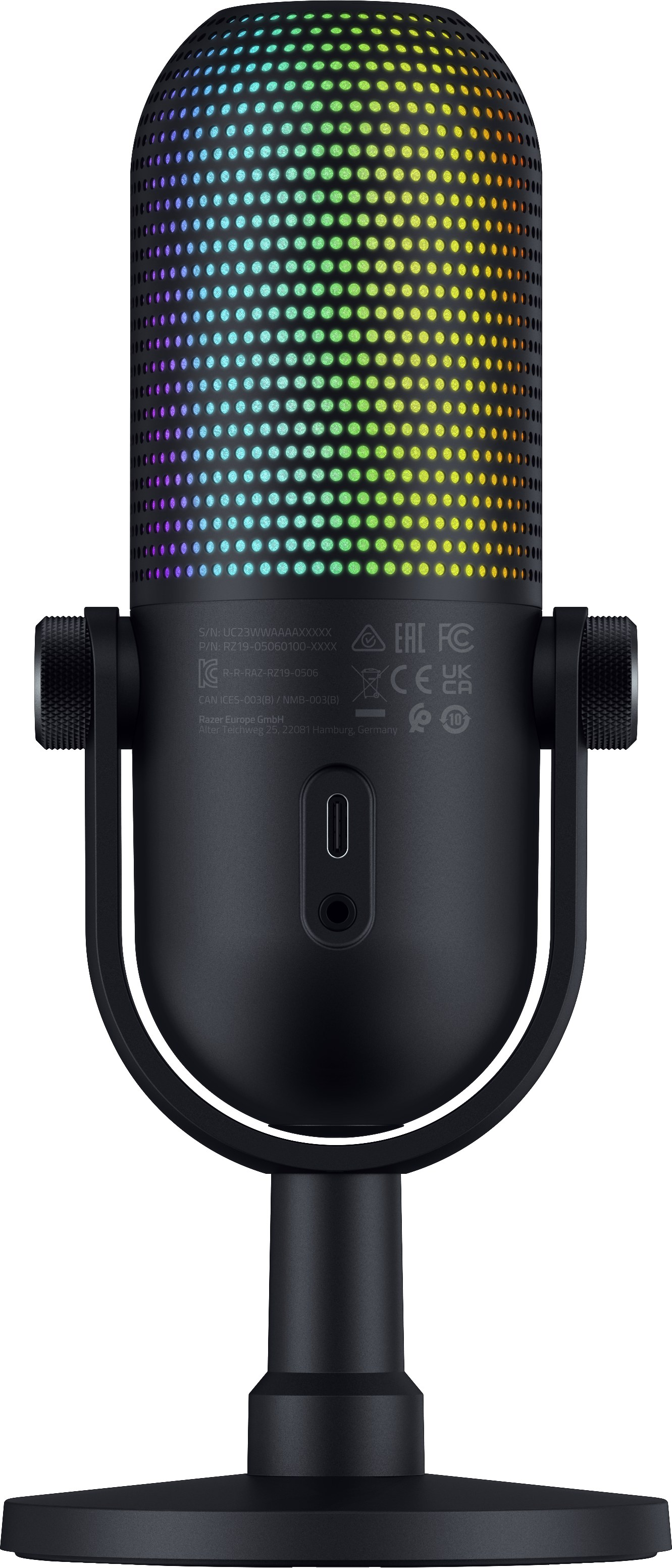 Schwarzes Razer-Mikrofon mit buntem Oberteil. Es hat einen USB-C-Anschluss und einen Ständer.
