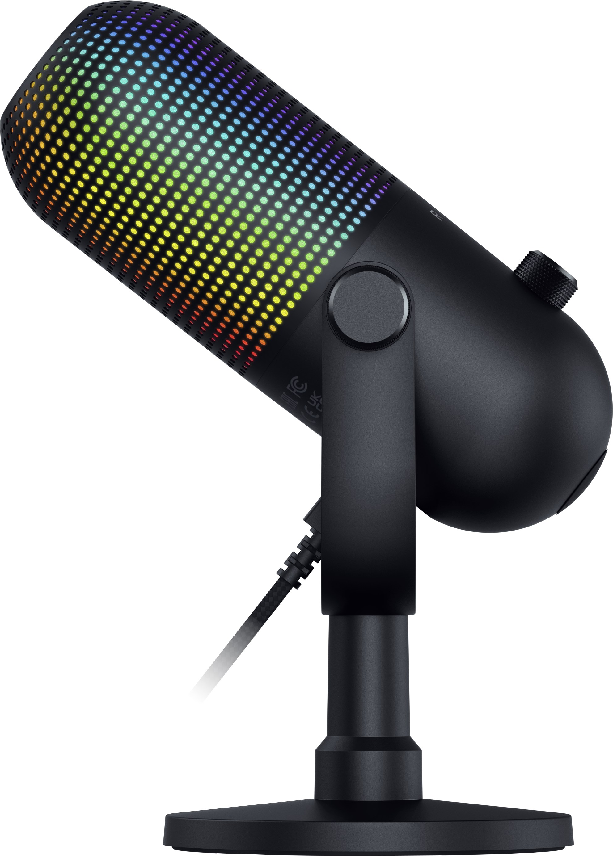 Ein schwarzes Mikrofon mit Regenbogen-LEDs.