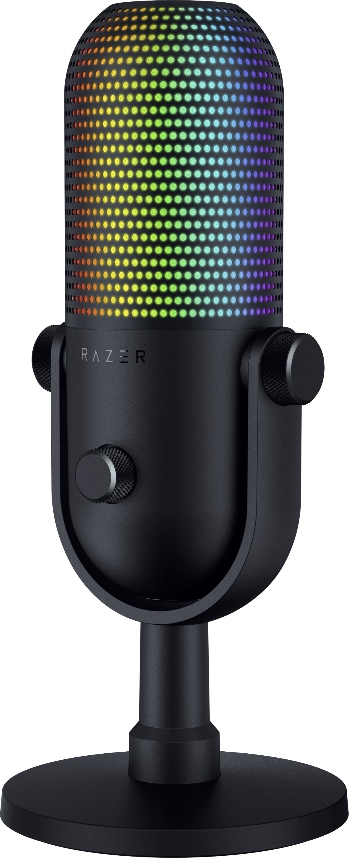 Schwarzes Razer-Mikrofon mit bunten Lichtern oben, mit schwarzem Sockel, auf weißem Hintergrund.