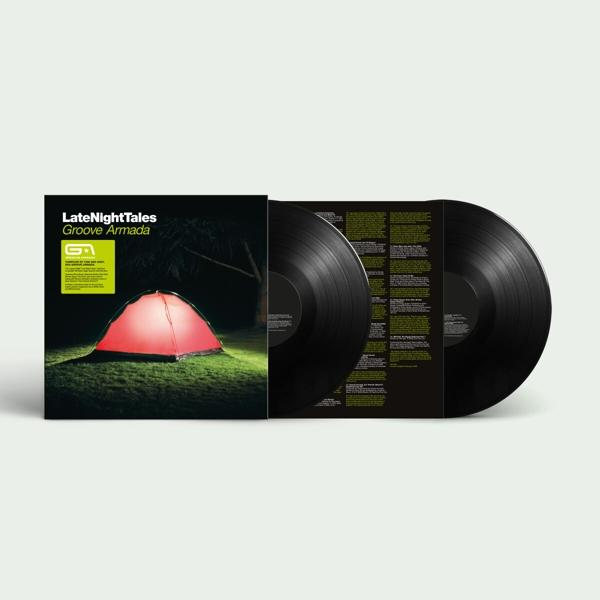 Album borító bakelit lemezekkel. A borítón egy piros sátor látható zöld mezőn. Szöveg: LateNightTales Groove Armada.