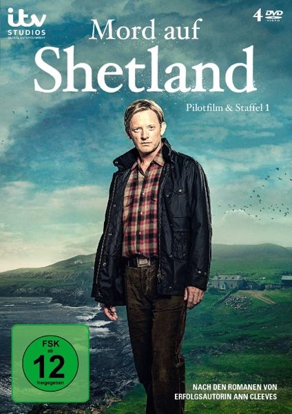 DVD-Cover: Mann in Jacke steht auf einem Hügel mit dem Text 'Mord auf Shetland'.