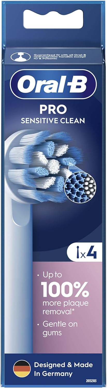 Główki szczoteczki do zębów Oral-B Pro Sensitive Clean w pudełku, pokazujące włosie i szczegóły.