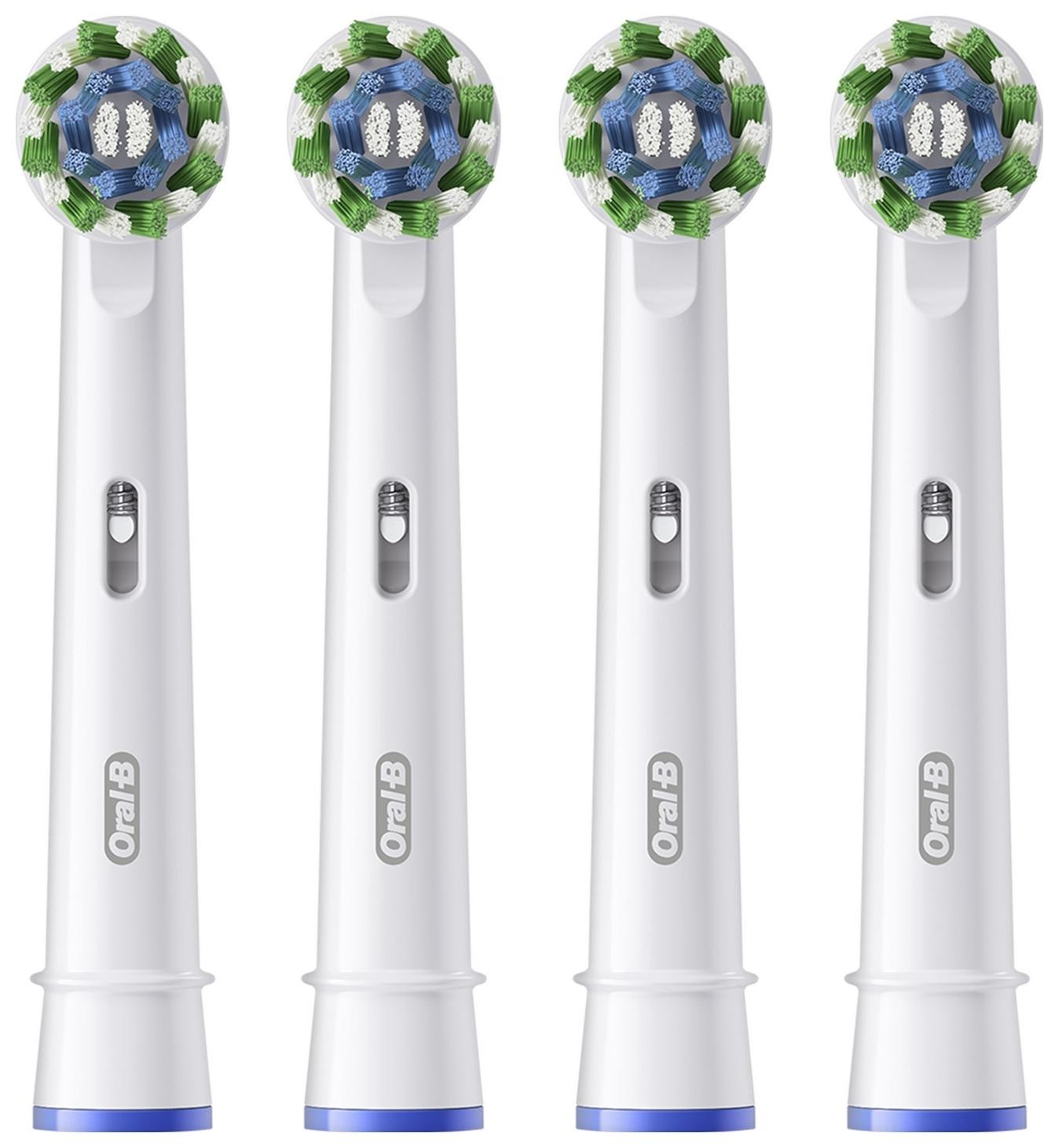 Cztery białe główki szczoteczek do zębów z kolorowym włosiem, ułożone pionowo na białym tle.