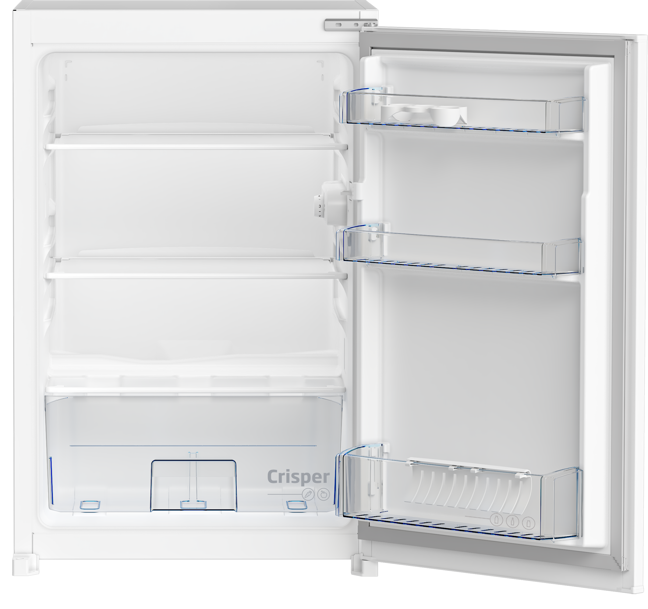 Offener weißer Kühlschrank mit Regalen und Schubladen. Die Tür ist offen.