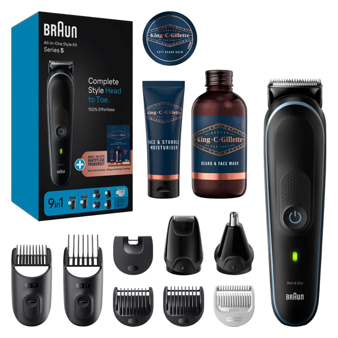 Braun Barttrimmer-Set. Schwarze und blaue Box mit Trimmer, Aufsätzen, Bartwaschgel und Feuchtigkeitscreme.
