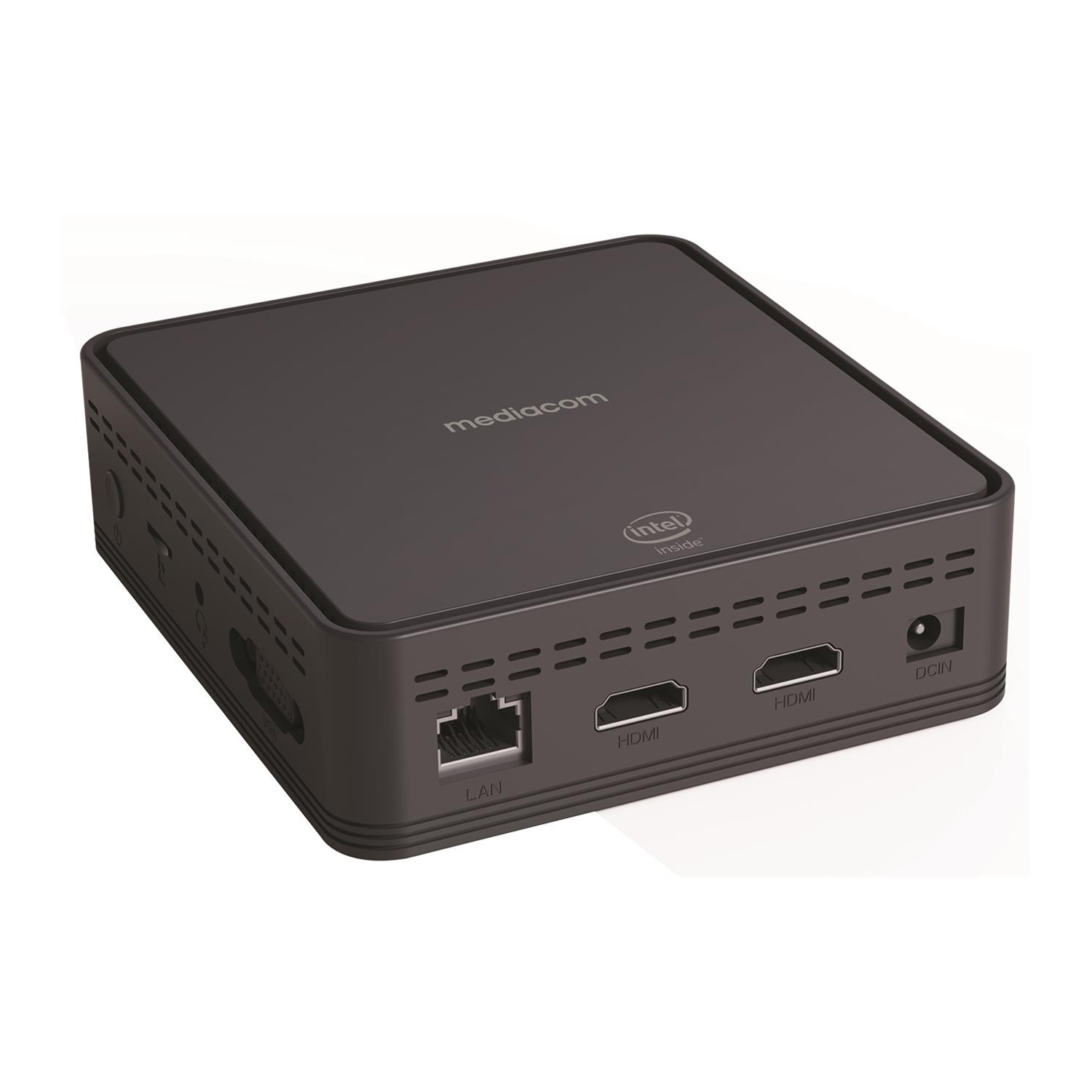 Un box Mediacom nero con porte per LAN, HDMI e alimentazione. Il logo Intel Inside è visibile.