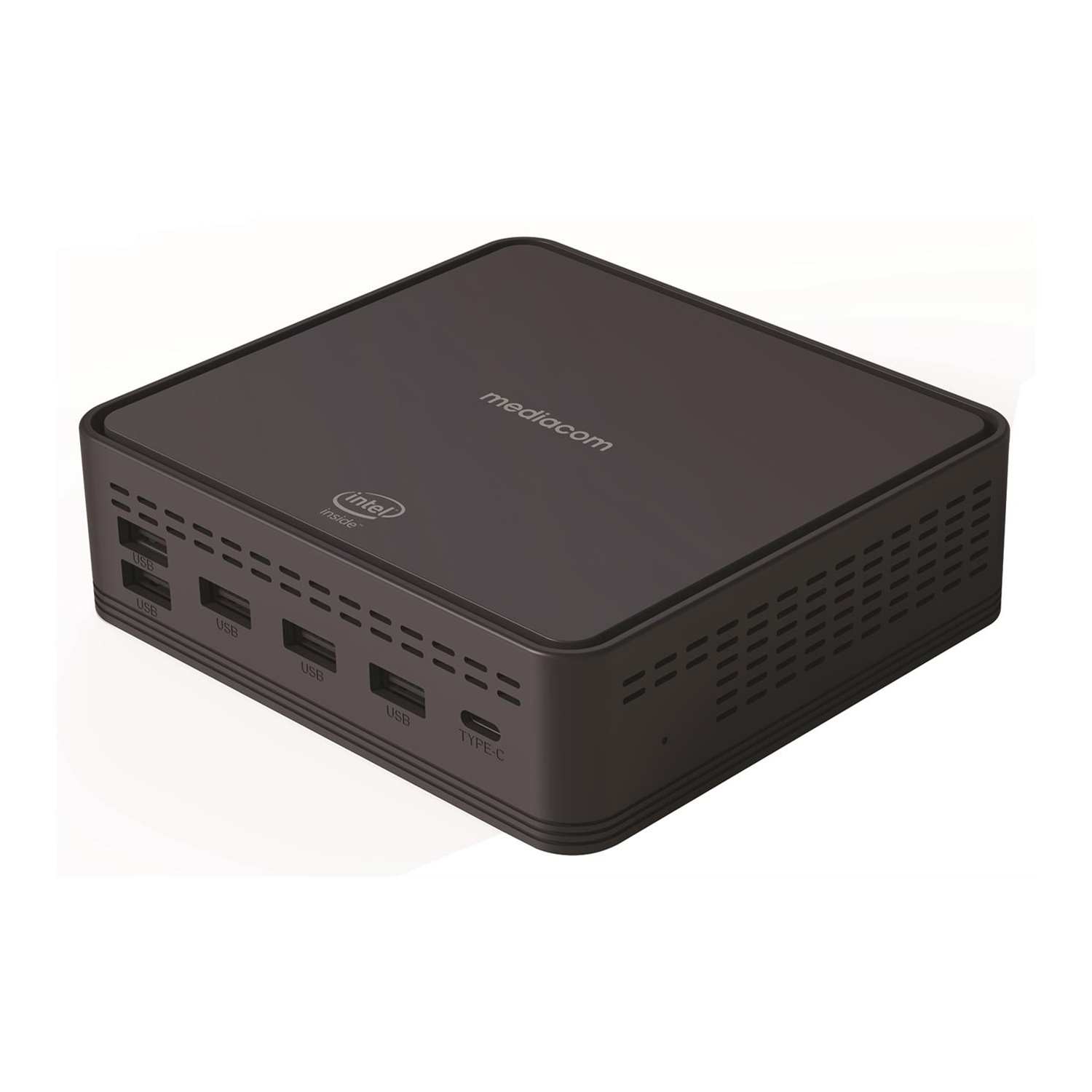 Mini PC nero con logo Intel Inside e varie porte USB.