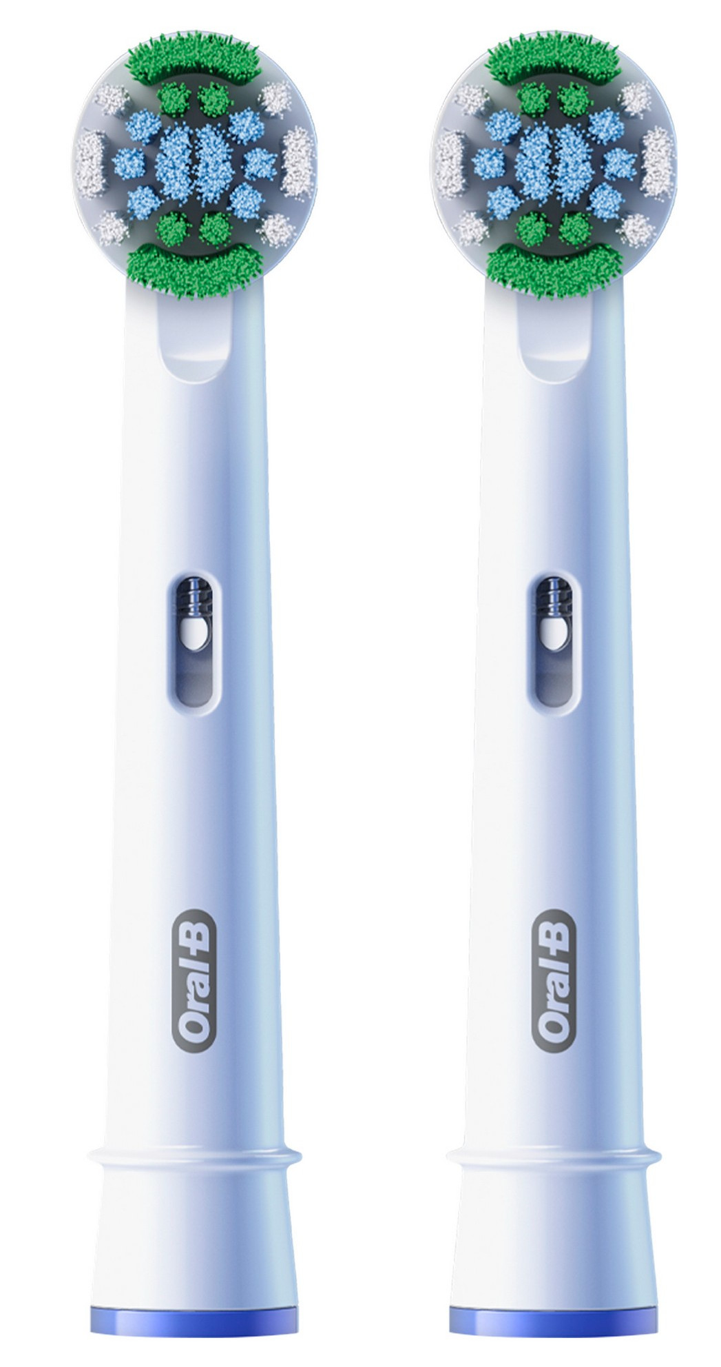 Dwie białe główki szczoteczki do zębów z zielonym i niebieskim włosiem.