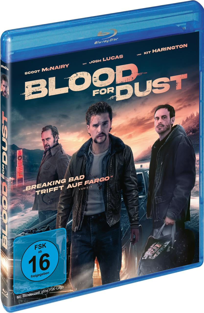 DVD-Cover von Blood for Dust. Enthält Schauspieler, einen dunklen Himmel und eine blaue Hülle.
