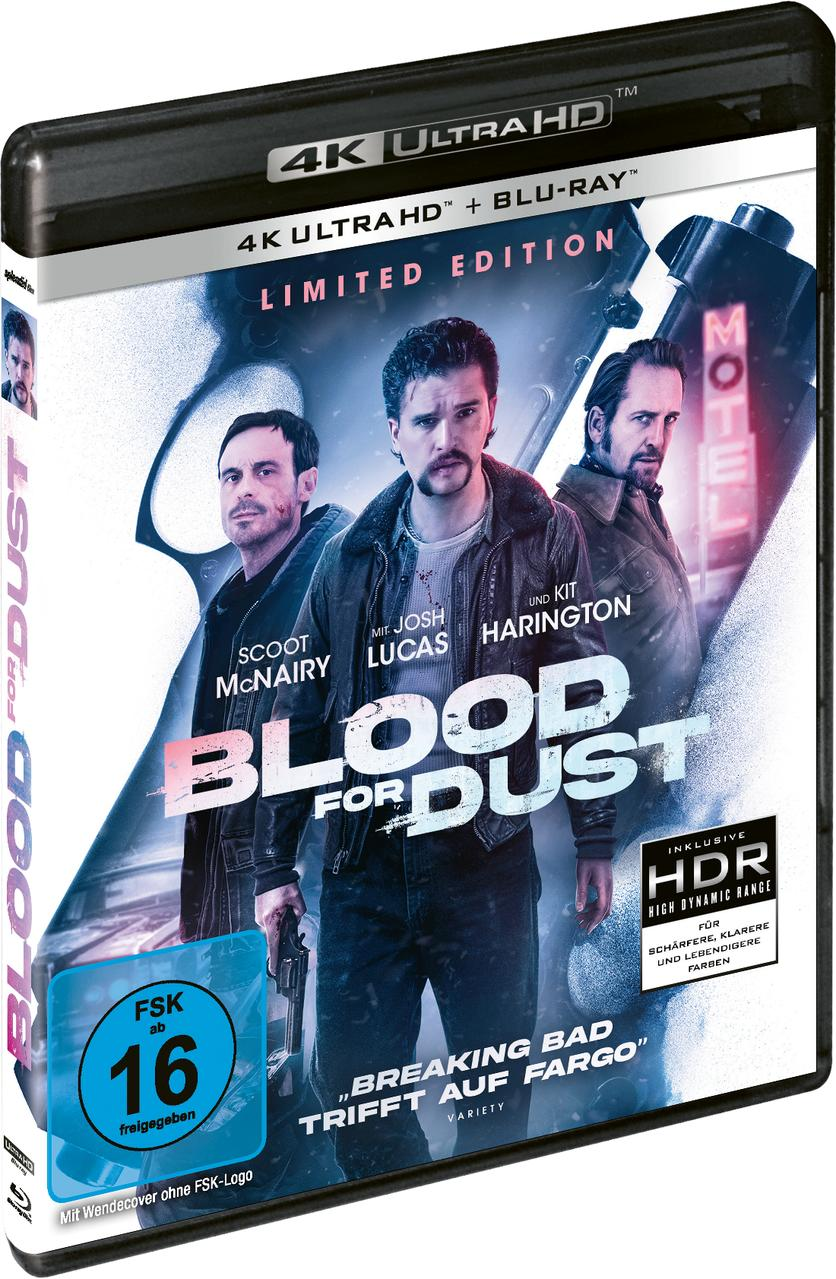 4K Ultra HD Blu-ray-Cover mit drei Männern. Titel 'Blood for Dust'. FSK 16-Einstufung sichtbar.