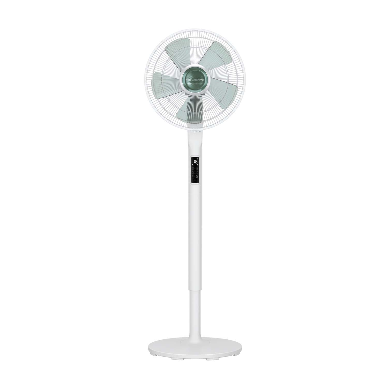 Un ventilatore da terra bianco su sfondo bianco.