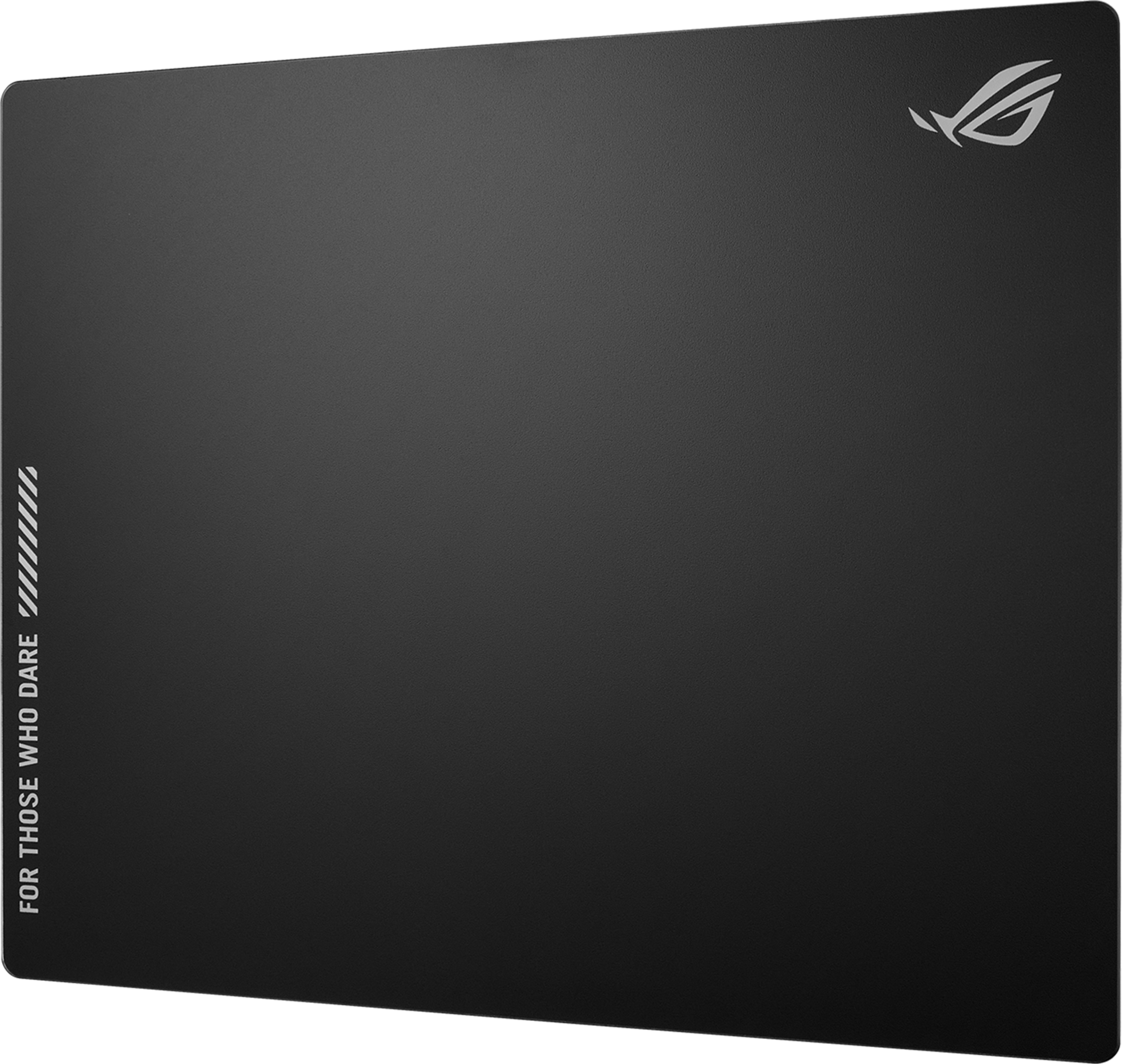 Tapis de souris noir avec logo ROG blanc et texte 'FOR THOSE WHO DARE'. Surface texturée, design simple.