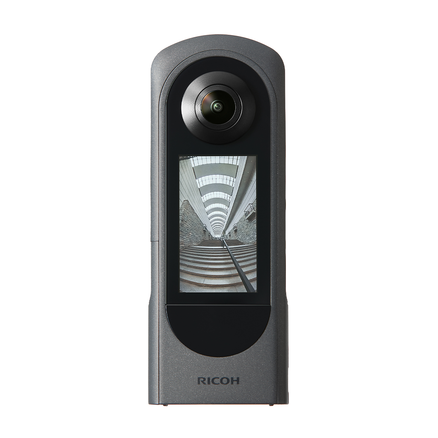 Fotocamera grigia 360, lente sopra, schermo mostra tunnel.