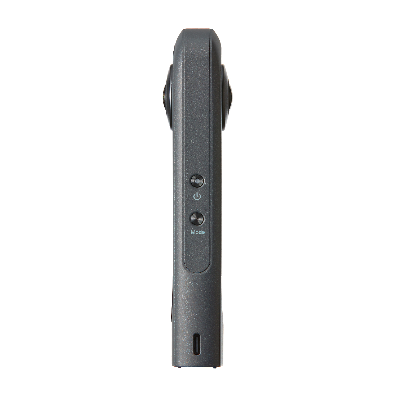 Una fotocamera a 360 gradi grigio scuro, con pulsanti e una porta USB.