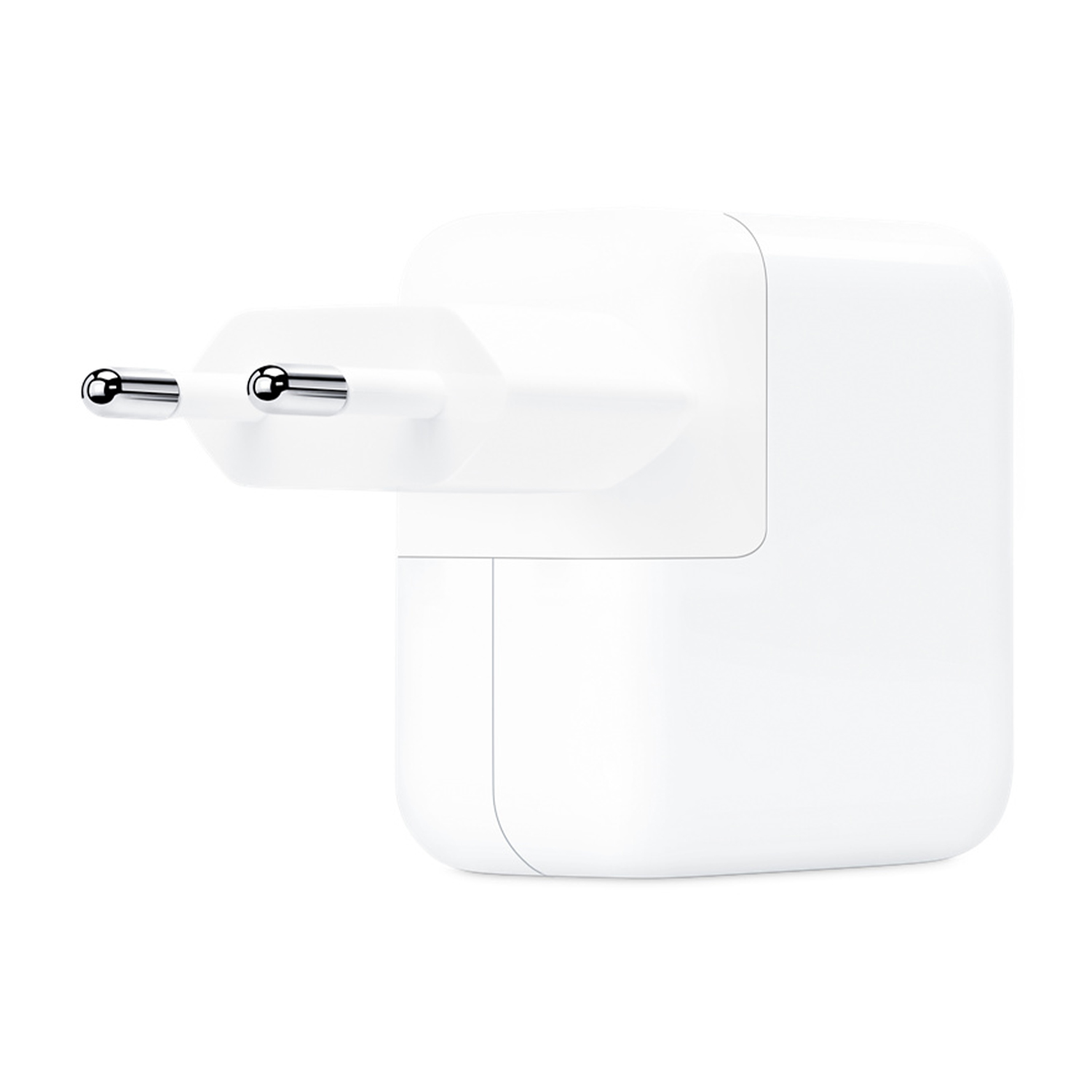 Caricatore Apple bianco con due spine, su sfondo bianco.