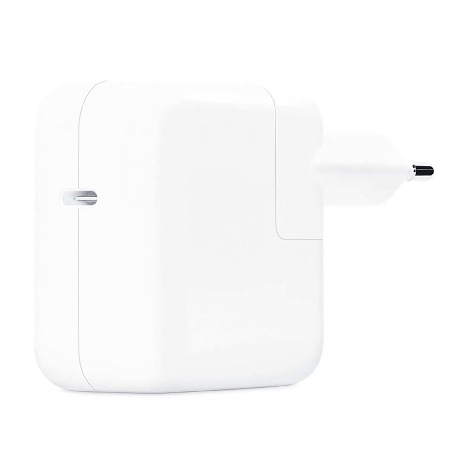Caricatore Apple bianco con porta USB-C, su sfondo bianco.
