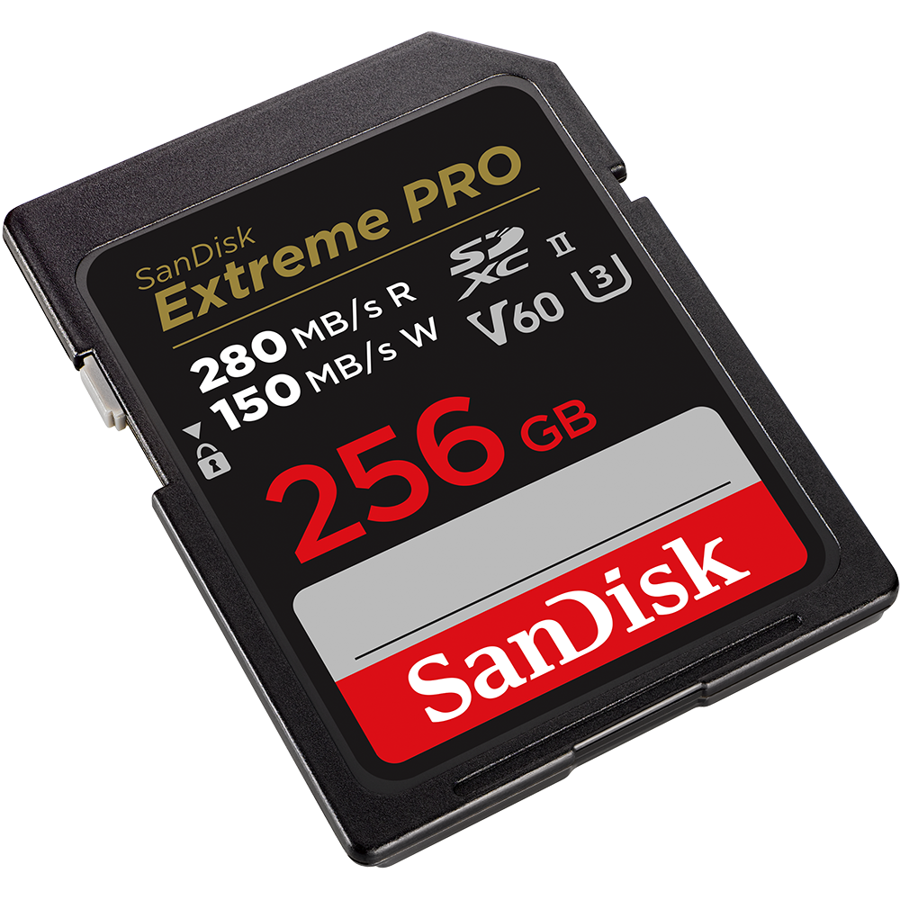 Sandisk Extreme Pro SD kart, 256 GB, hız ve kapasiteyi gösteren etiketlerle.