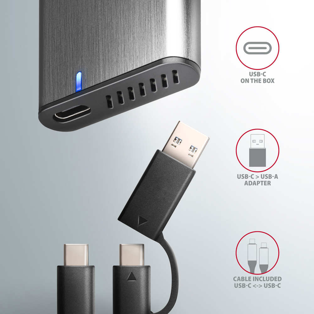 Egy USB-C hub és egy USB-C - USB-A adapter látható kábelekkel. USB-C használatra utaló ikonok.