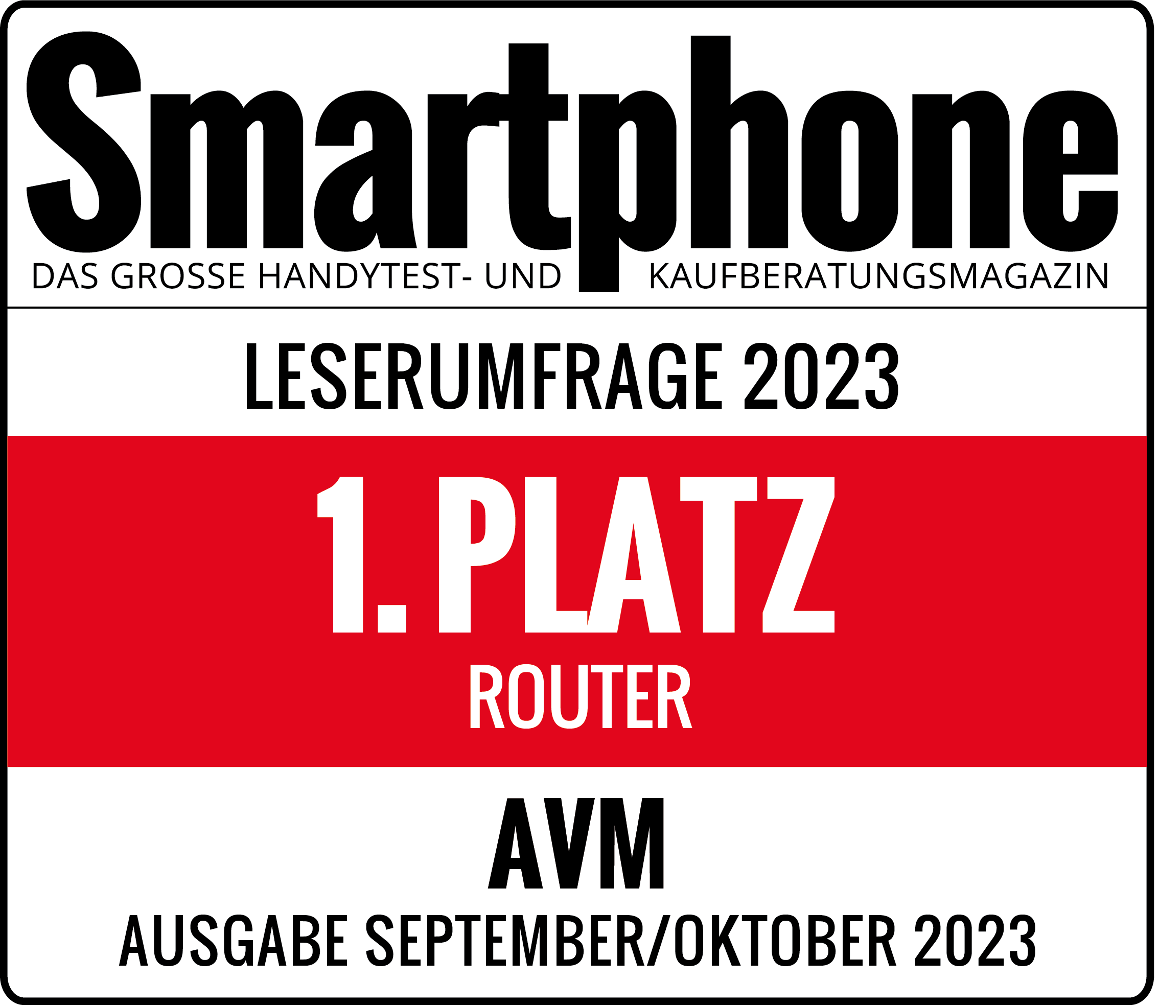 Ein Zeitschriften-Cover kündigt „1. Platz Router“ an und zeigt das AVM-Logo, mit Text auf Deutsch.