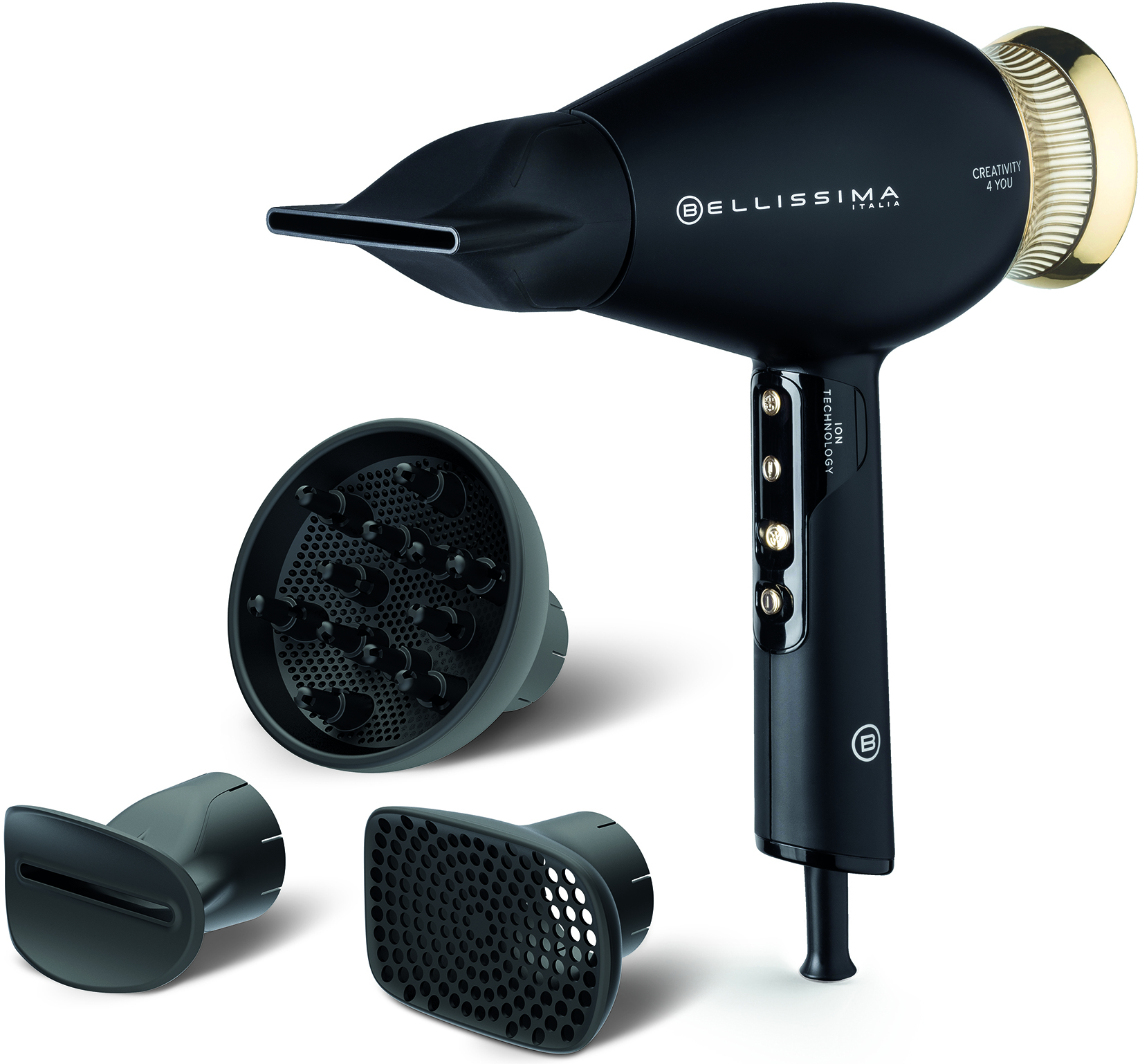 Sèche-cheveux noir avec accessoires. Comprend un diffuseur, un concentrateur et d'autres buses.