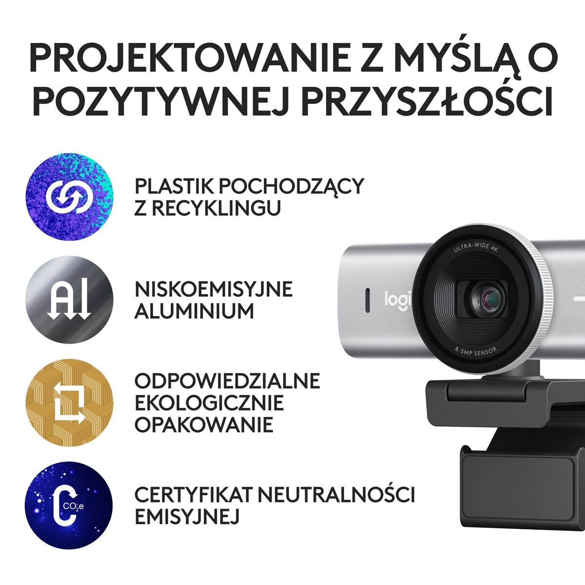 Kamera internetowa z tekstem o zrównoważonym rozwoju: plastik z recyklingu, niskoemisyjne aluminium, ekologiczne opakowania, neutralność węglowa.