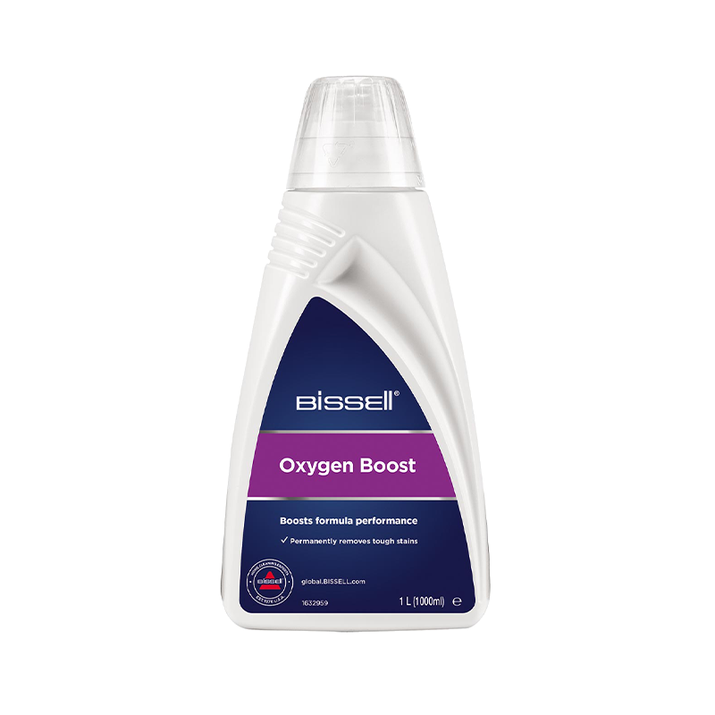 Beyaz Bissel Oxygen Boost şişesi. Mor etiket, beyaz kapak ve ürün detayları.