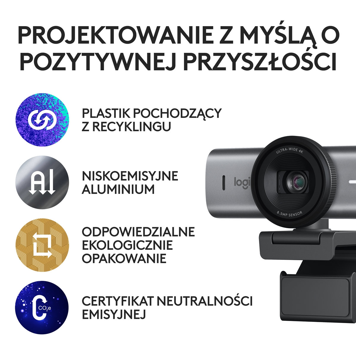 Kamera internetowa z tekstem o plastiku z recyklingu, aluminium o niskiej emisji i ekologicznym opakowaniu.