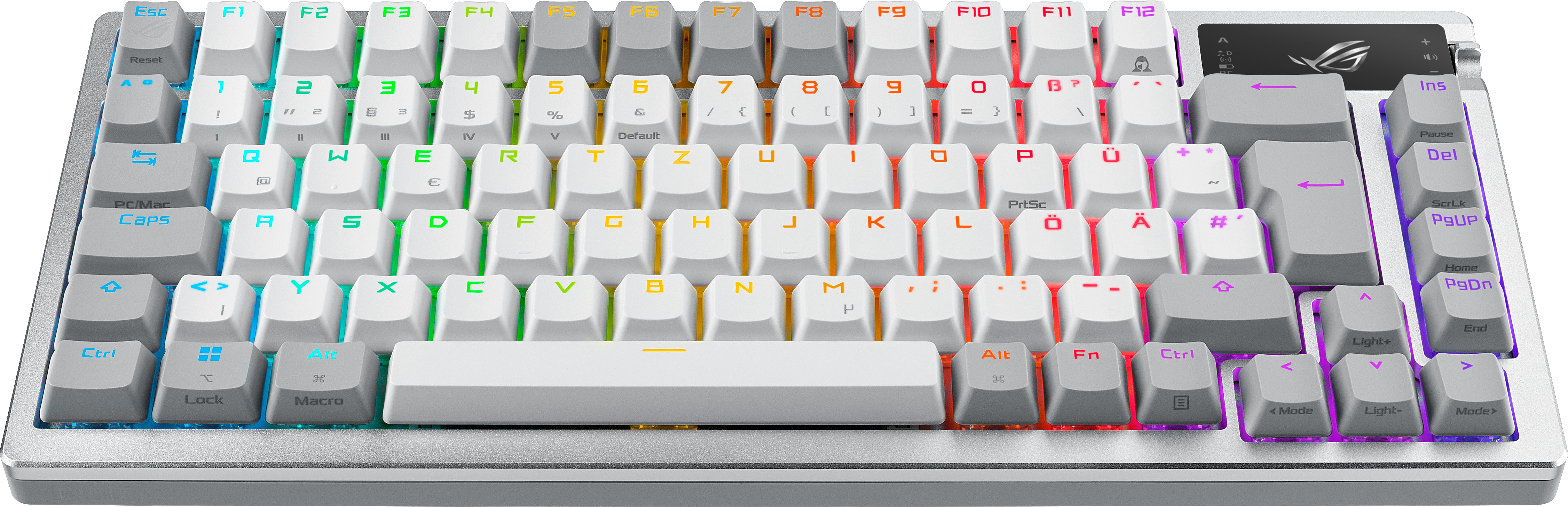 Weiße mechanische Tastatur mit regenbogenfarben beleuchteten Tasten. ROG-Logo, weiß-graues Farbschema.